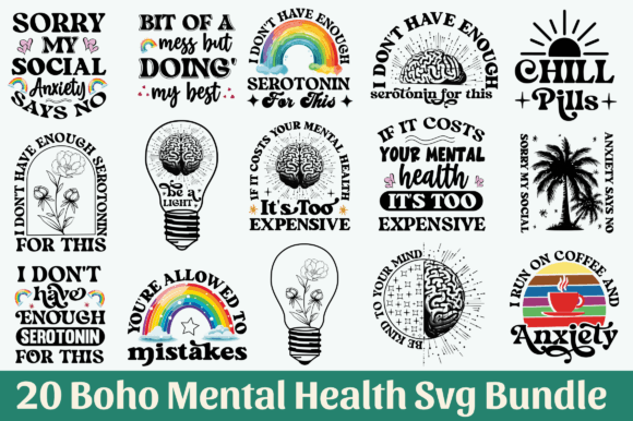 Boho Mental Health Quote Svg Bundle for Graphics & Crafts